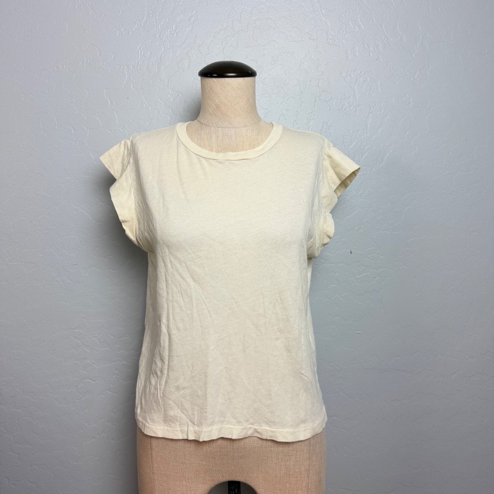 The Great Cream Flutter Ruffle Sleeve Cotton T-Shirt Made in USA Women Size 1/S